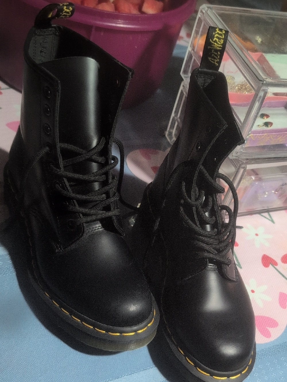 Dr. Martens Black Leather Lace-Up Boots with Yellow Stitching